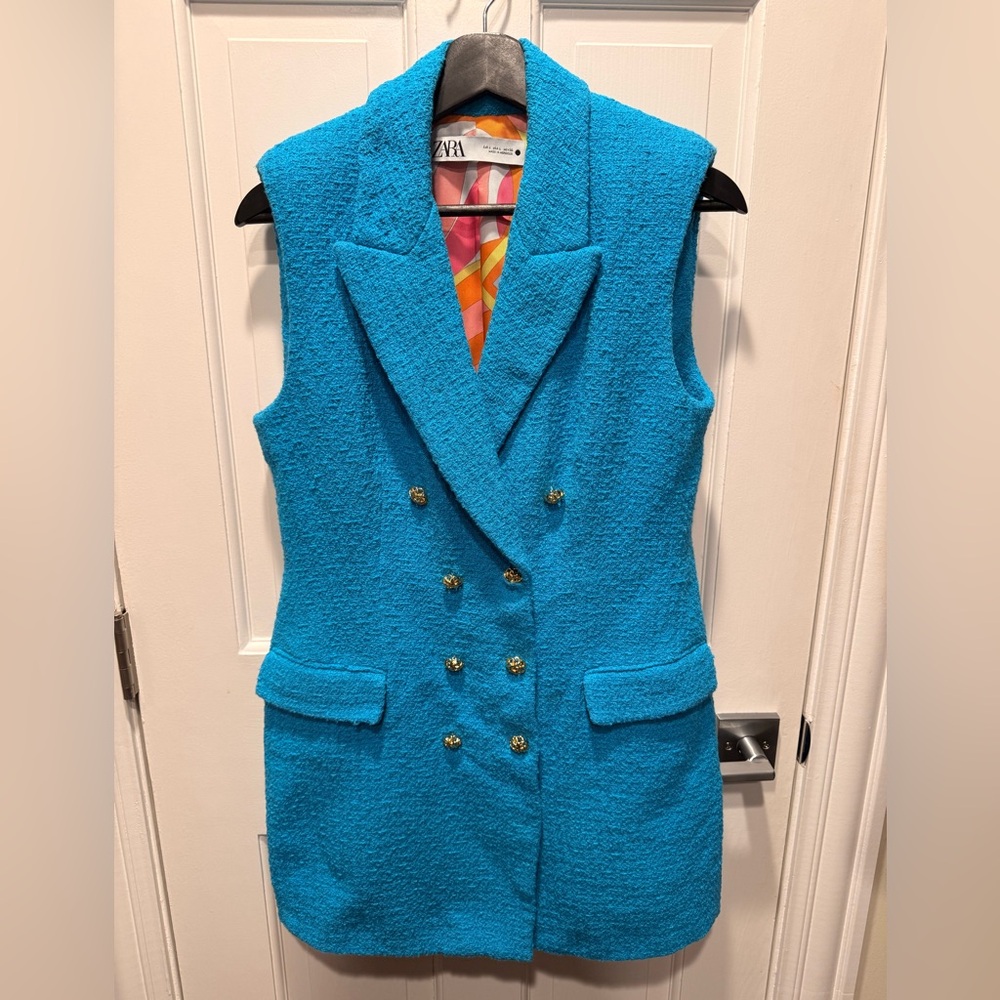Zara Turquoise Sleeveless Double-Breasted Bouclé Vest